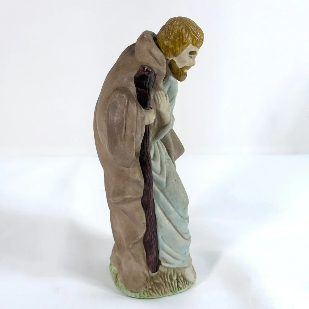 Saint Joseph Nativity Figurine Brown Blue Ceramic Standing with Staff